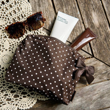Load image into Gallery viewer, Espresso Polka Dot Bow Crinkle Makeup & Toiletry Bag