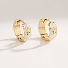 Load image into Gallery viewer, VINTAGE CLOISONNE FLORAL HUGGIE HOOP EARRINGS