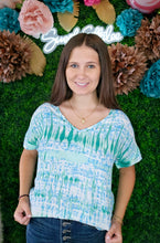 Load image into Gallery viewer, BLUE/GREEN PRINTED ROLLED SLEEVE VNECK TOP
