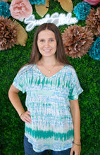 Load image into Gallery viewer, BLUE/GREEN PRINTED ROLLED SLEEVE VNECK TOP
