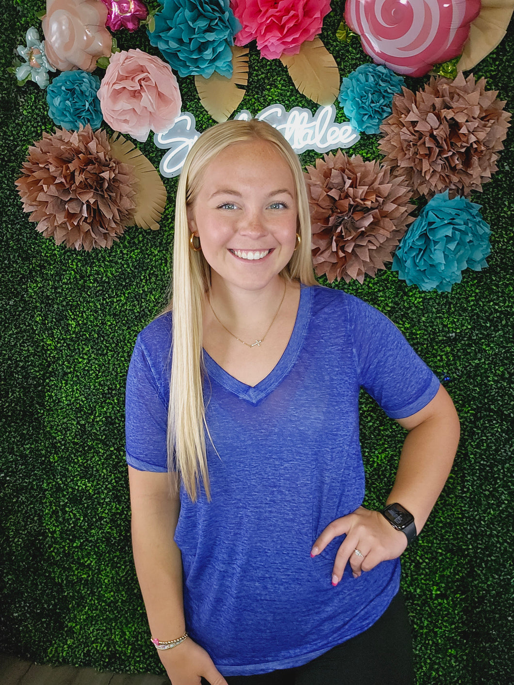 BRIGHT BLUE MELANGE SS VNECK TOP