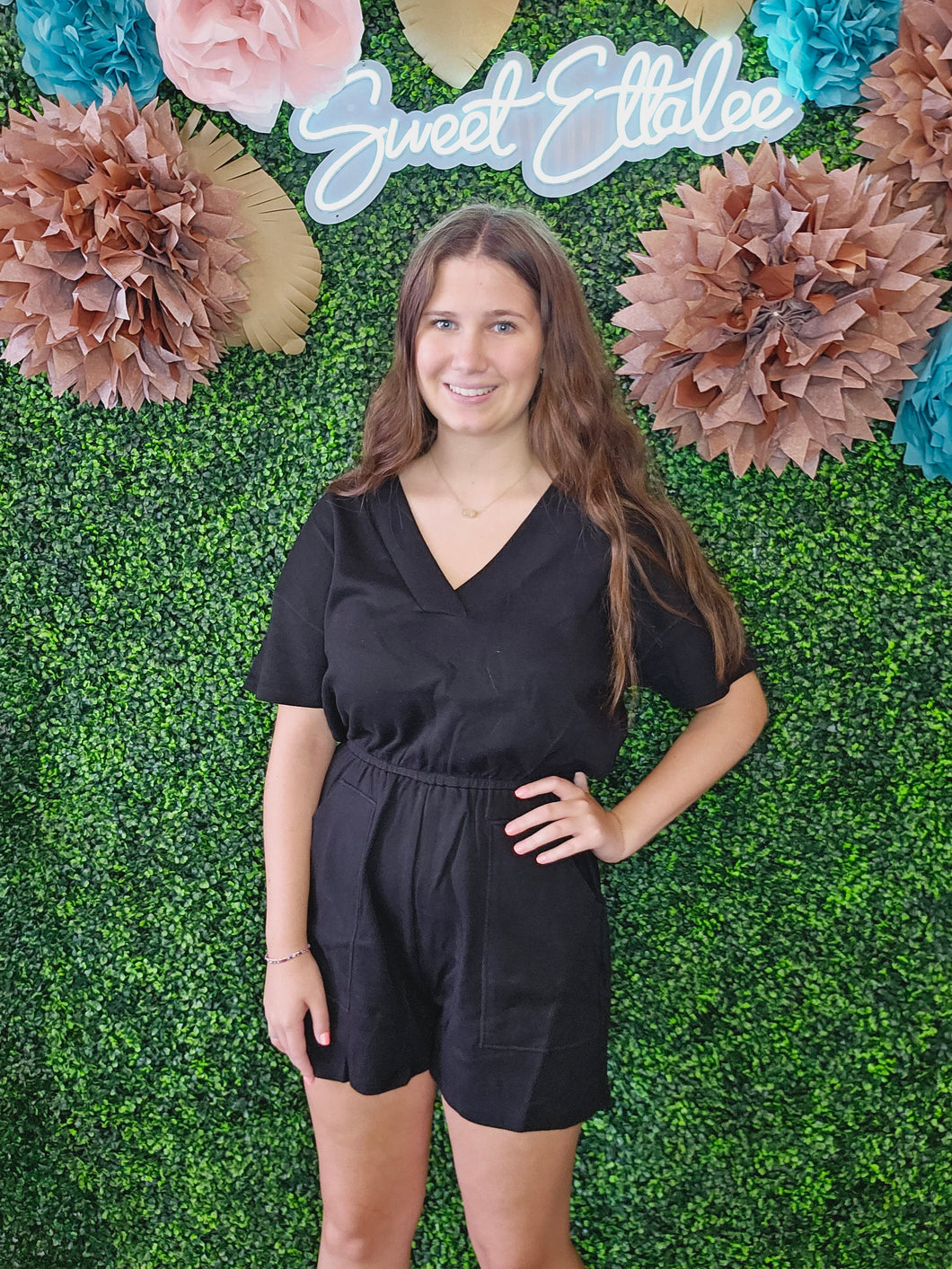 BLACK DROP SHOULD VNECK ROMPER