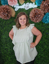 Load image into Gallery viewer, SAGE GINGHAM RUFFLE TOP
