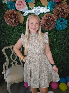 IVORY SPOTTED RUFFLE TIE DRESS
