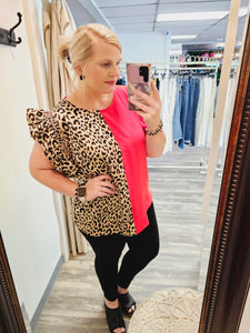 TOMATO/RED ANIMAL LEOPARD BLOCK RUFFLE TOP