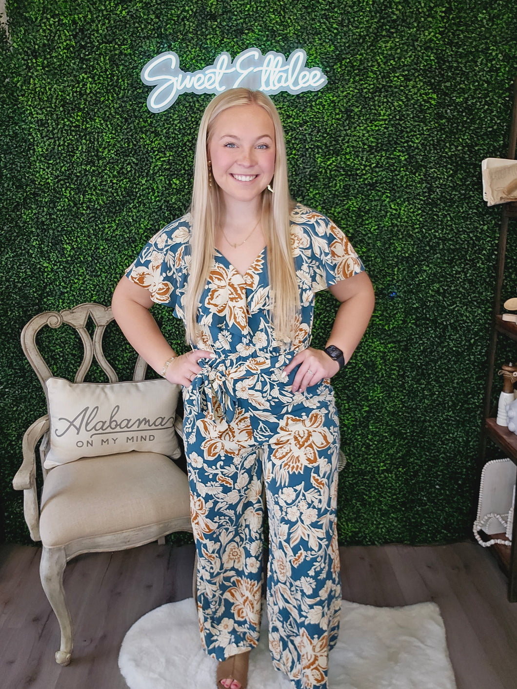 TEAL AND RUST PRINTED V-NECK JUMPSUIT