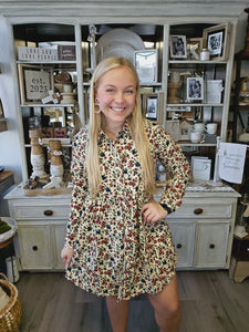 OATMEAL FLORAL CORD BUTTON DRESS