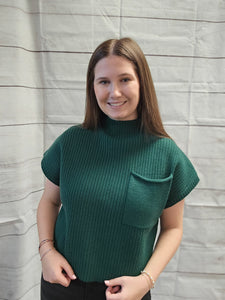 H GREEN MOCK NECK RIBBED SS SWEATER