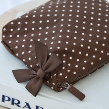 Load image into Gallery viewer, Espresso Polka Dot Bow Crinkle Makeup &amp; Toiletry Bag
