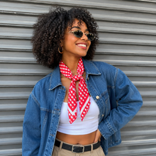 Load image into Gallery viewer, French Picnic Red Gingham Satin Silk Square Scarf
