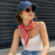 Load image into Gallery viewer, French Picnic Red Gingham Satin Silk Square Scarf
