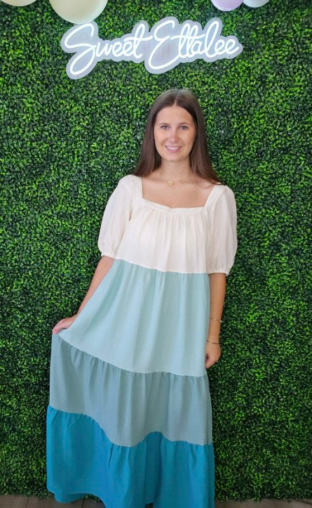 CREAM/JADE TIERED BABYDOLL MAXI DRESS