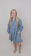Load and play video in Gallery viewer, LT BLUE DENIM BUTTON DRESS
