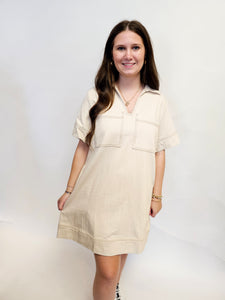 SAND DENIM VNECK POCKET DRESS