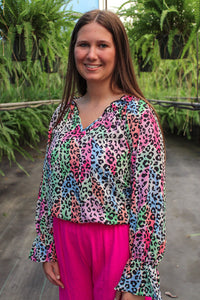 MULTI ANIMAL PRINT RUFFLE TOP