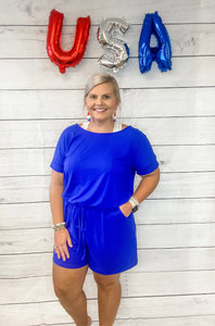 BRIGHT BLUE BRUSHED DTY ROMPER W/POCKETS