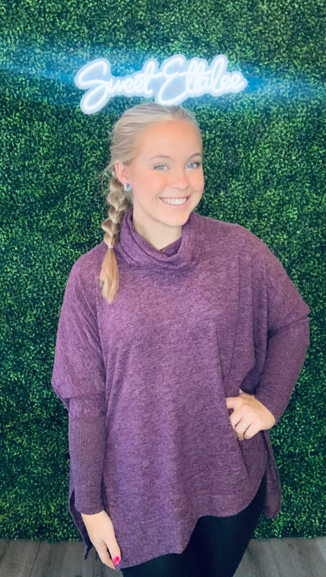 DK PLUM COWL NECK OVERSIZED PONCHO HI LOW SWEATER