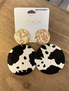 ROUND COW PRINT LEATHER DANGLING EARRINGS