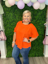 Load image into Gallery viewer, TANGERINE LINEN RUFFLE SLEEVE CUT OUT BACK TOP
