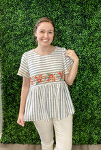 Load image into Gallery viewer, DENIM BABYDOLL STRIPED FLORAL TOP

