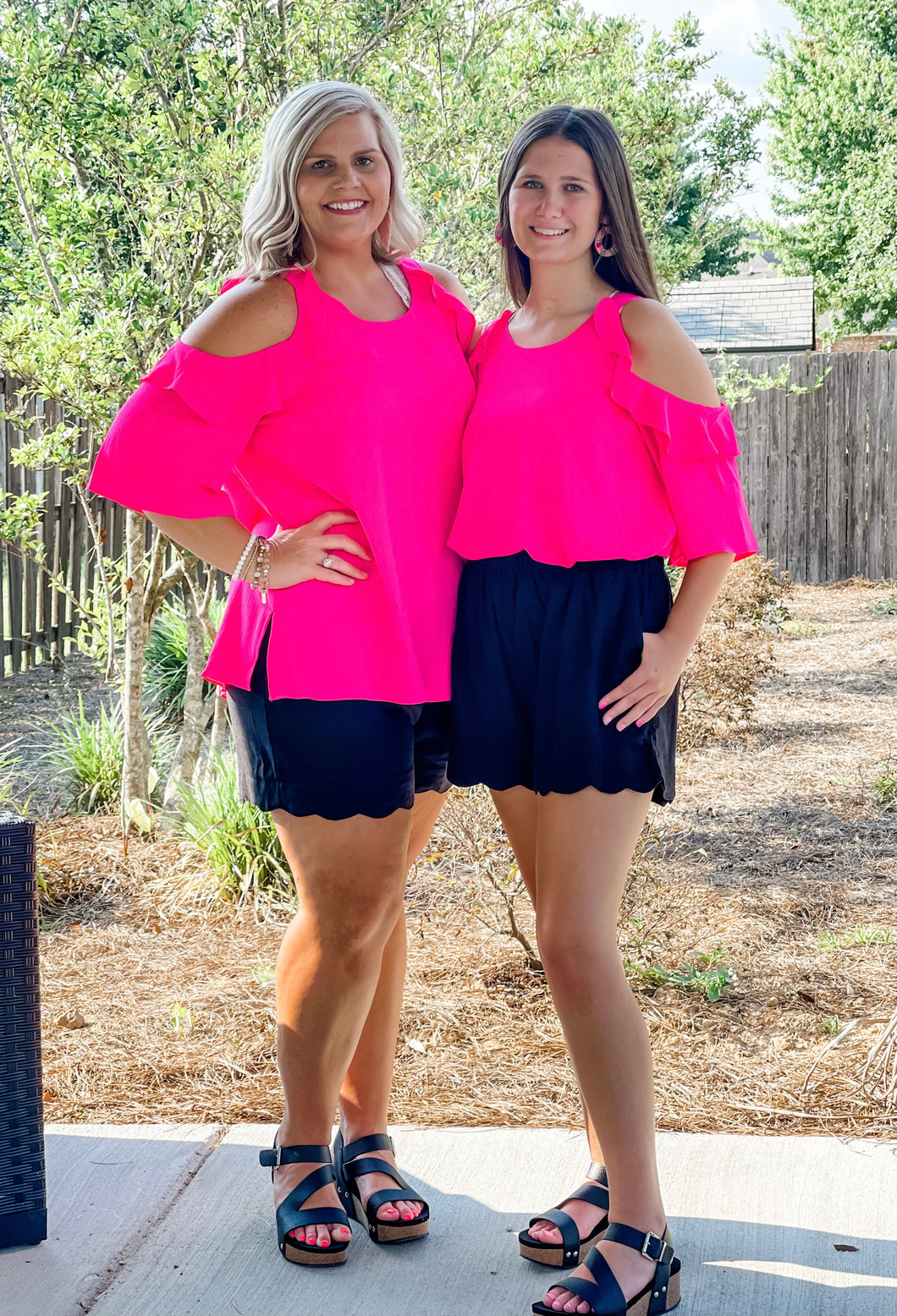 HOT PINK COLD SHOULDER RUFFLE BLOUSE